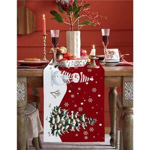 Christmas Table Runner - 108 Inches, Snowman Rustic Red Snowflake, 13"x 108"